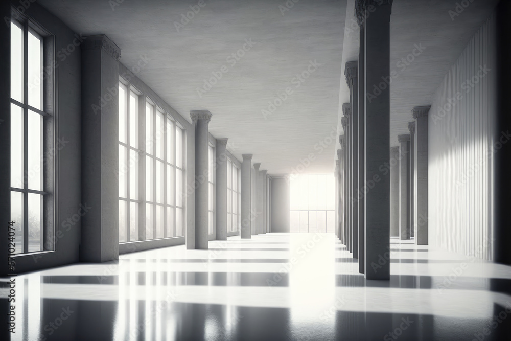 Large hall corridor inside office building background. Peculiar AI generative image.