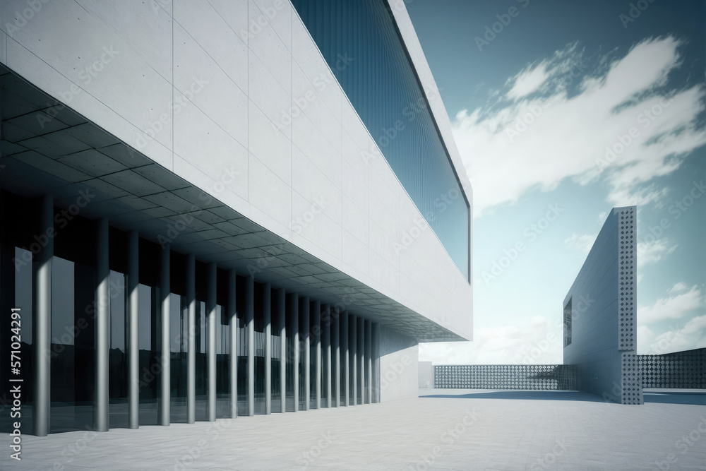 Modern architecture exterior of public hall entrance in urban building outdoor under bright sky with