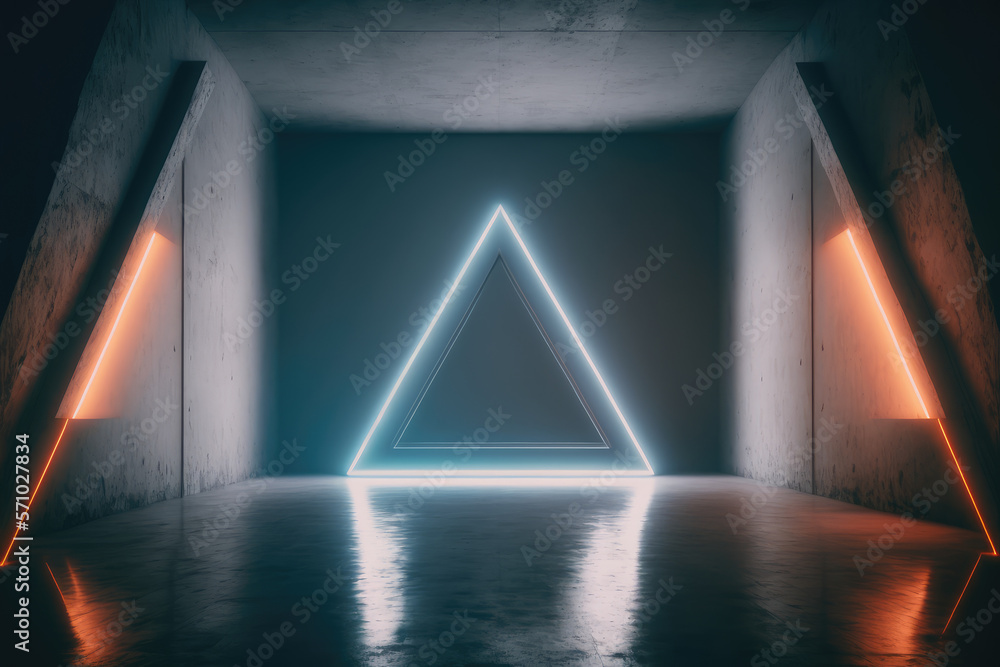 Concrete room with triangle portal illuminated by blue and orange neon light. Peculiar AI generative