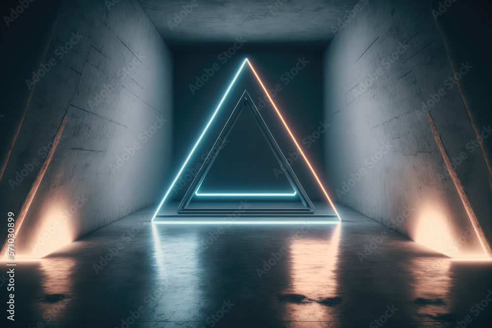 Concrete room with triangle portal illuminated by blue and orange neon light. Peculiar AI generative