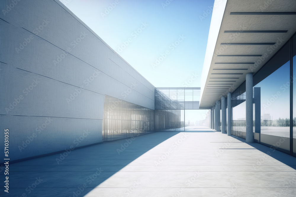 Modern architecture exterior of public hall entrance in urban building outdoor under bright sky with