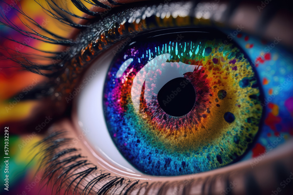 Close up view of female eye with multicolored eyeball and colorful makeup powder. Peculiar AI genera