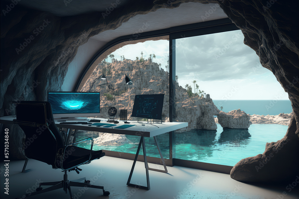 Imaginary home workspace in rocky cave with a large window overlooking ocean ridge landscape . Dream