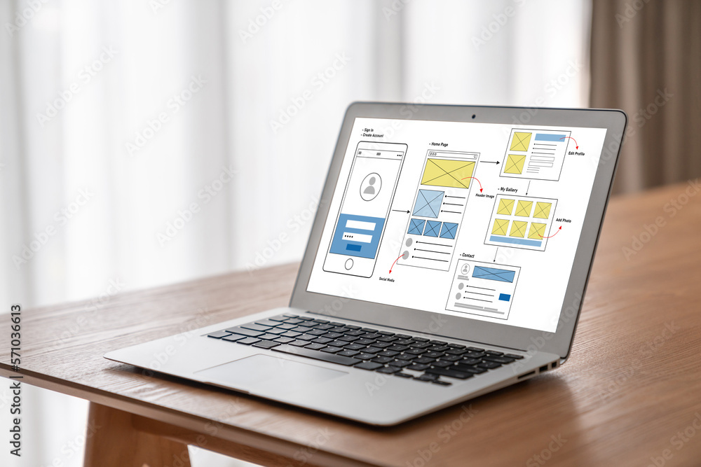 UX UI design process for modish mobile application and website . Creative prototype of wireframe for