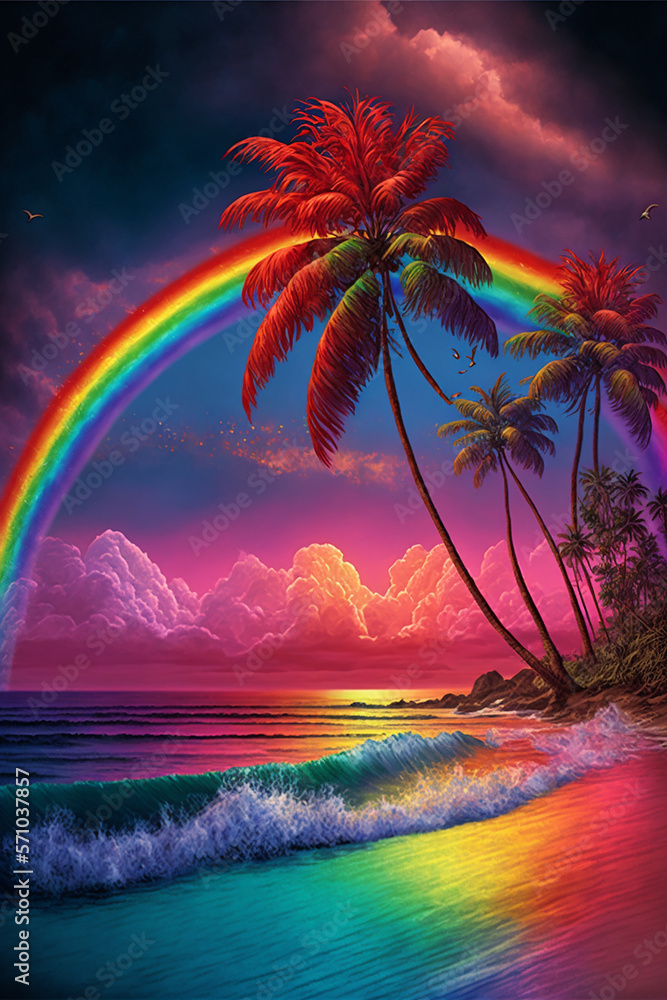 Big rainbow over tropical exotic beach. Generative ai