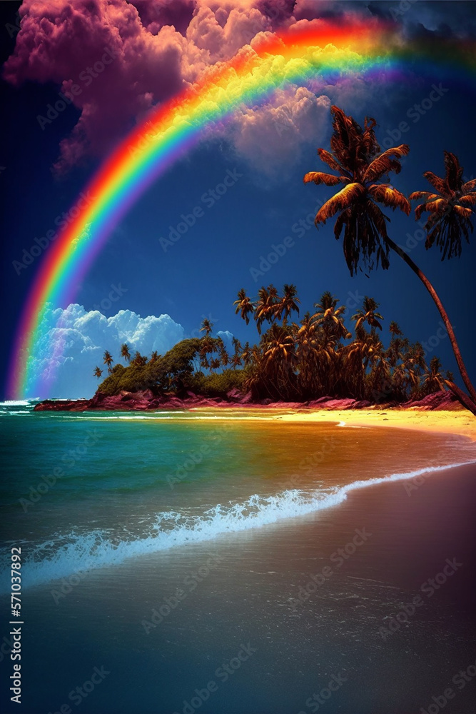 Big rainbow over tropical exotic beach. Generative ai