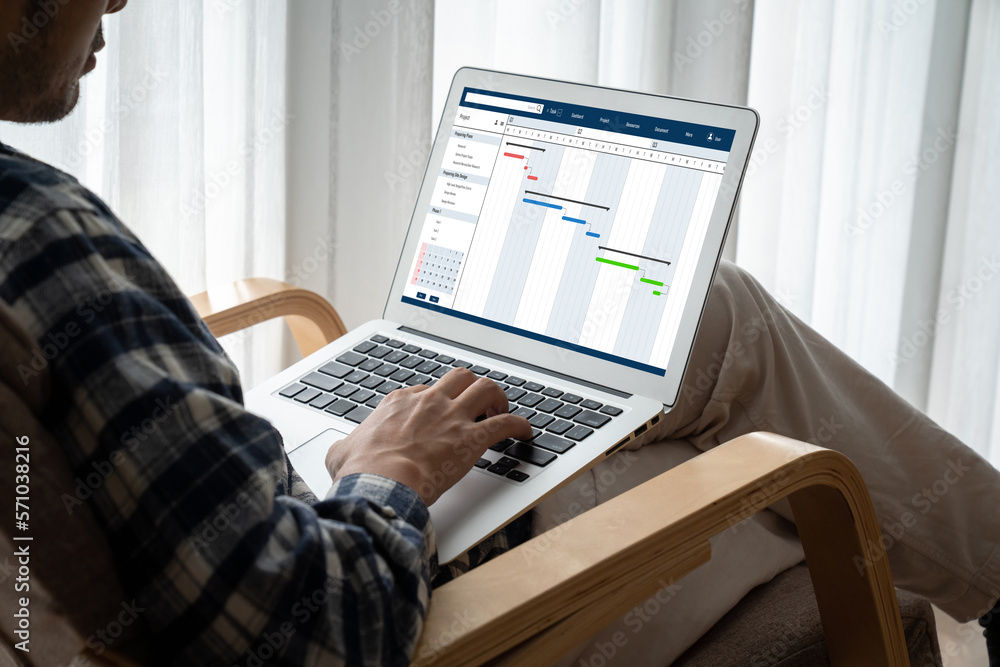 Project planning software for modish business project management on the computer screen showing time