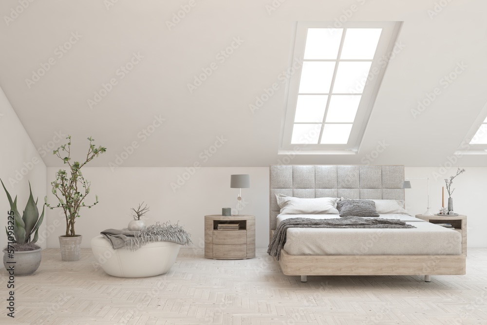 White bedroom interior. Scandinavian design. 3D illustration