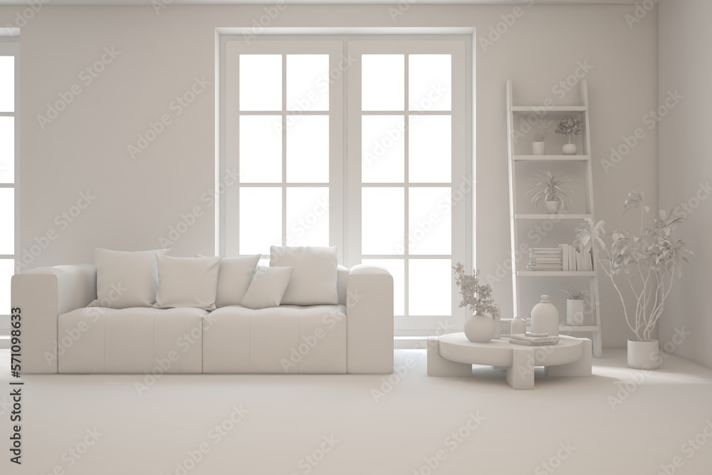 White minimalist living room with sofa. Scandinavian interior design. 3D illustration