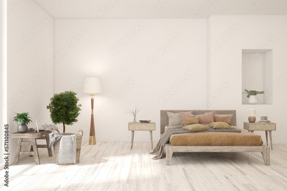 White bedroom interior. Scandinavian design. 3D illustration