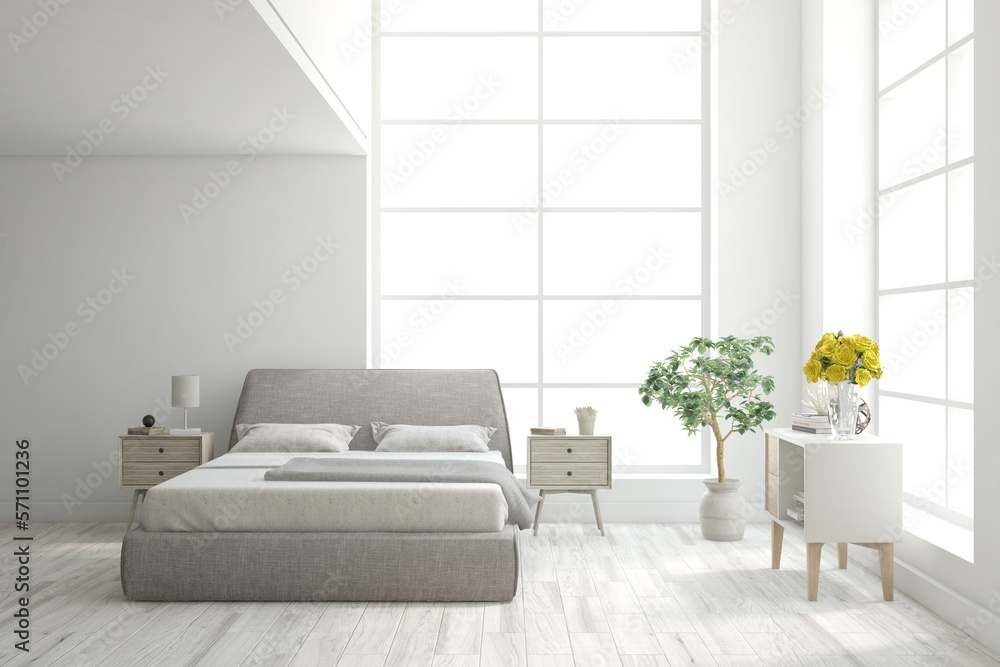 White bedroom interior. Scandinavian design. 3D illustration