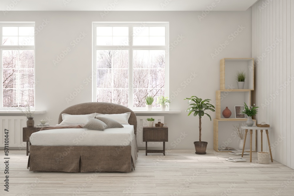 White bedroom interior. Scandinavian design. 3D illustration