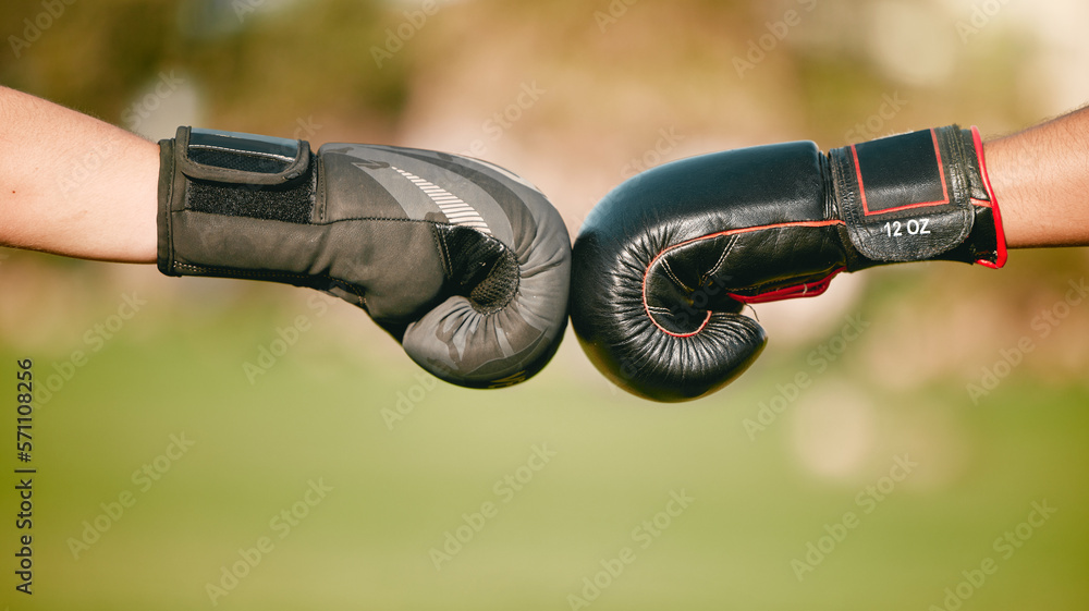 Boxing, gloves and fist bump with a boxer team outdoor together for sportsmanship, unity or solidari