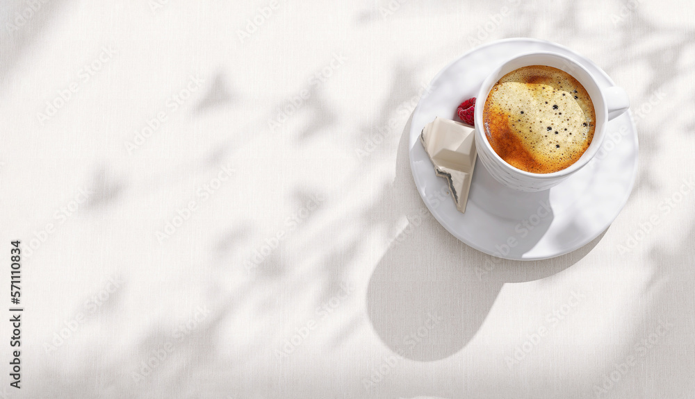 Beautiful espresso coffee bubble in white coffee cup, chocolate, red berry saucer on white tableclot