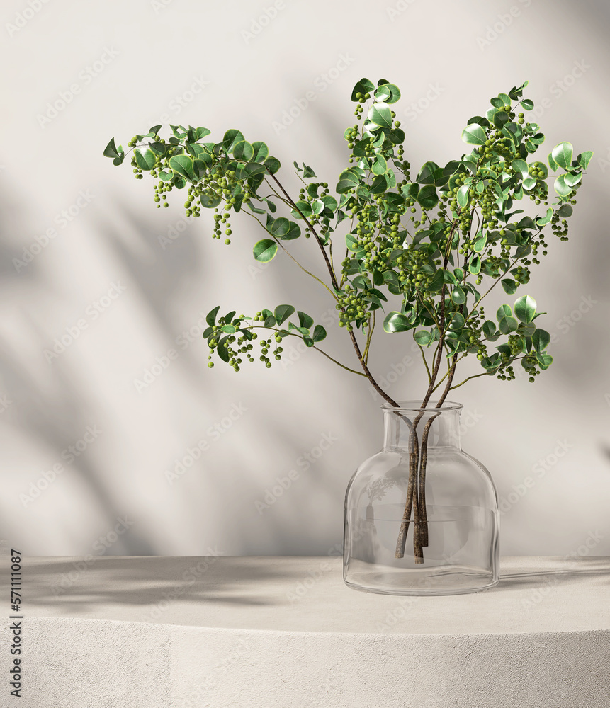 Blank beige concrete texture curve counter podium, tree twig bouquet in glass vase in sunlight, leaf