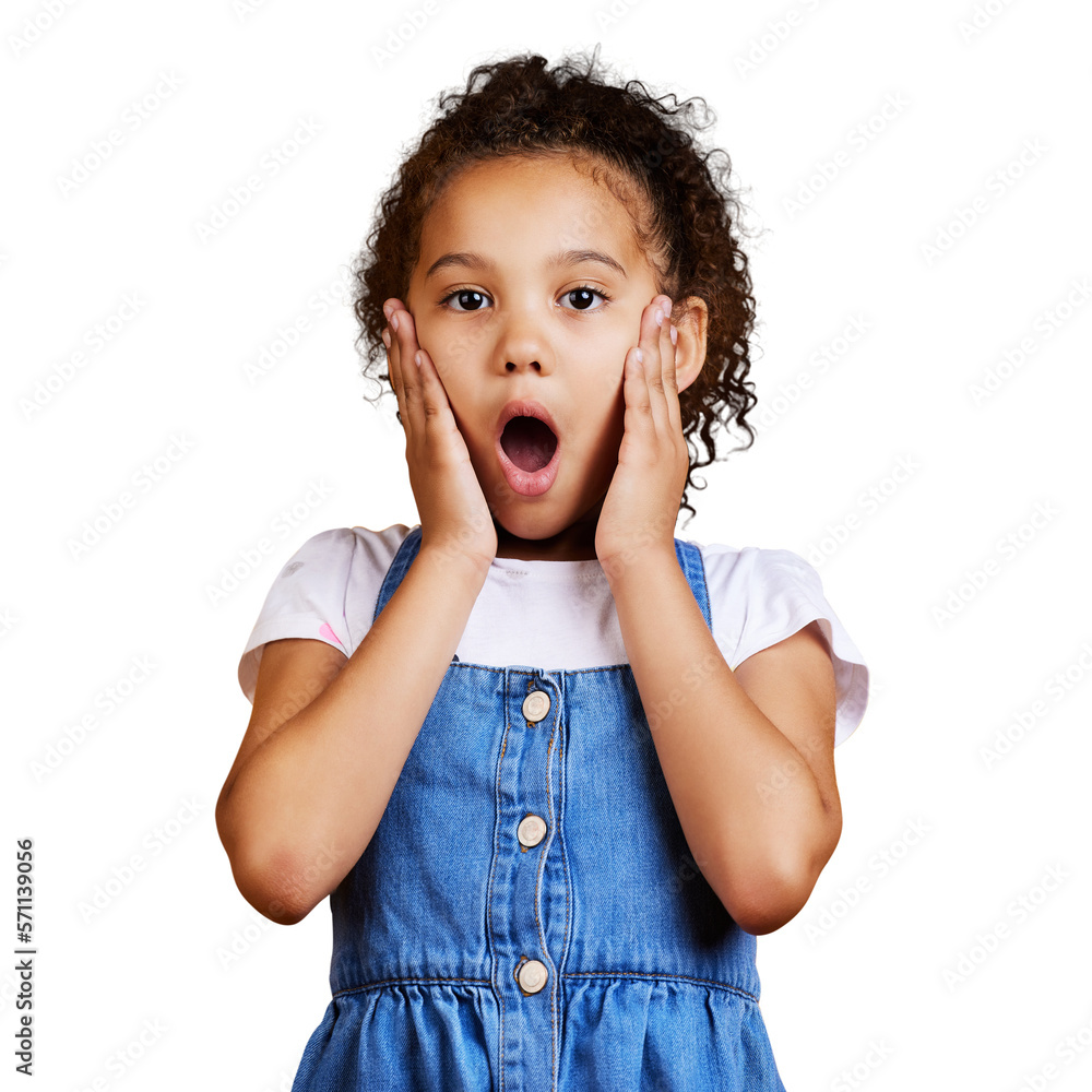 An adorable little girl looking shocked with her hands on her cheeks. Surprised and amazed kid speec