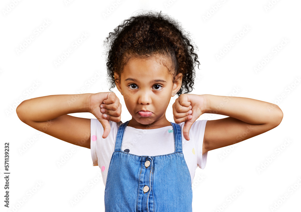 A mixed race girl giving thumbs down isolated on a png background. Unhappy and upset kid being negat