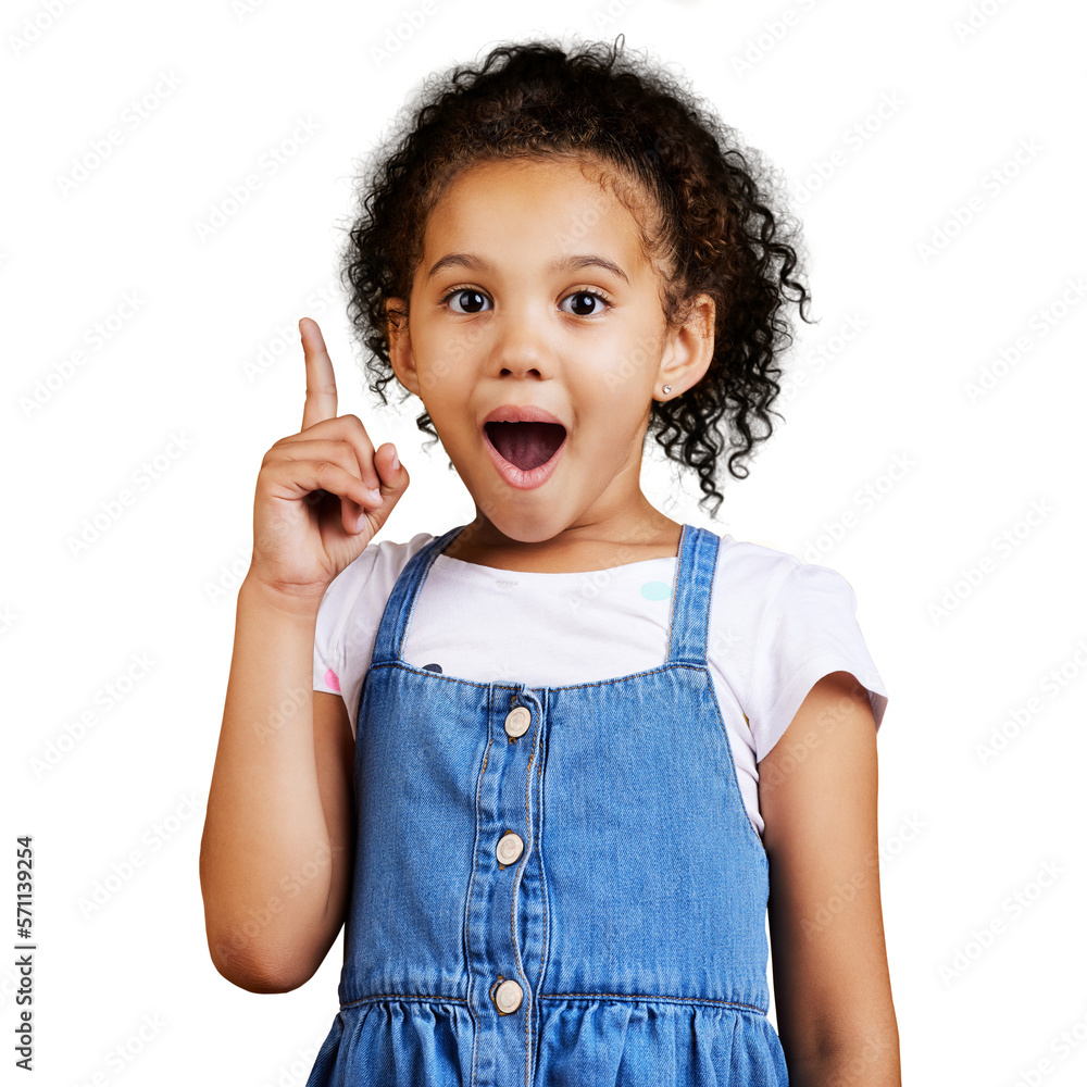 An excited little mixed race girl pointing upwards towards copyspace isolated on a png background. H