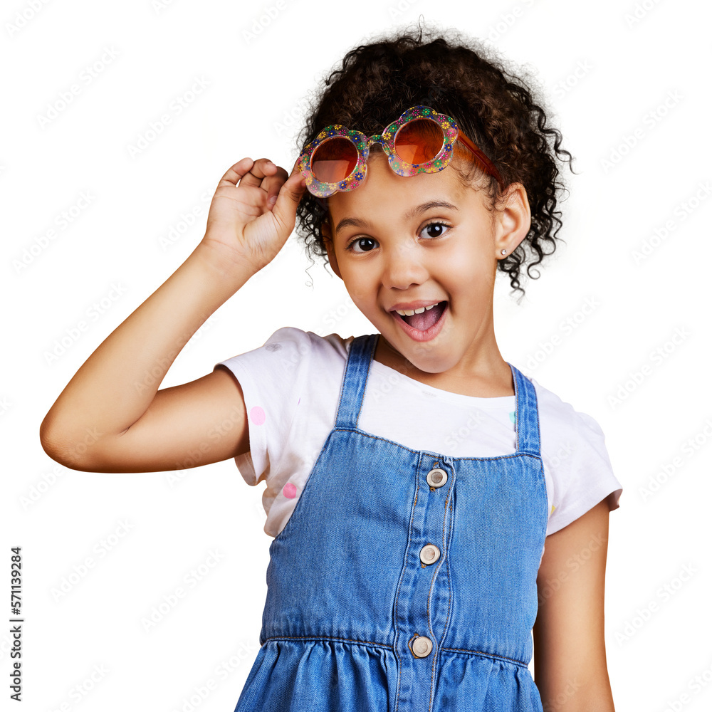 A mixed race girl wearing funky sunglasses isolated on a png background. Happy and carefree kid with