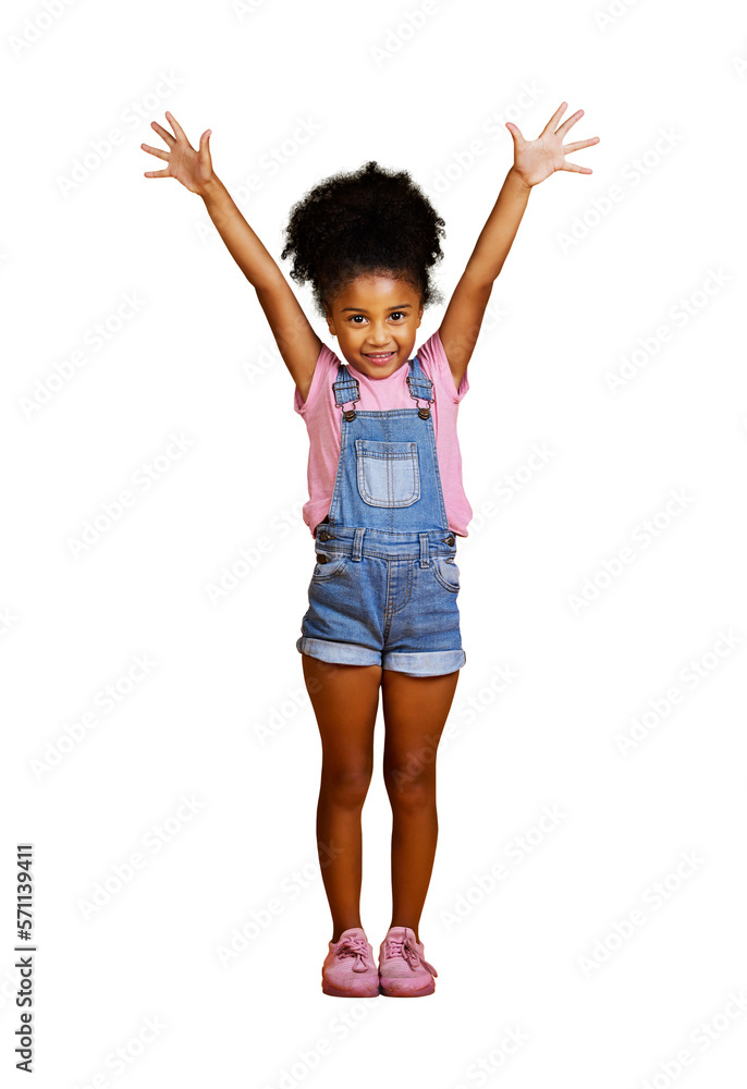 A cute hispanic excited mixed race girl showing surprise with her hands raised with joy isolated on 