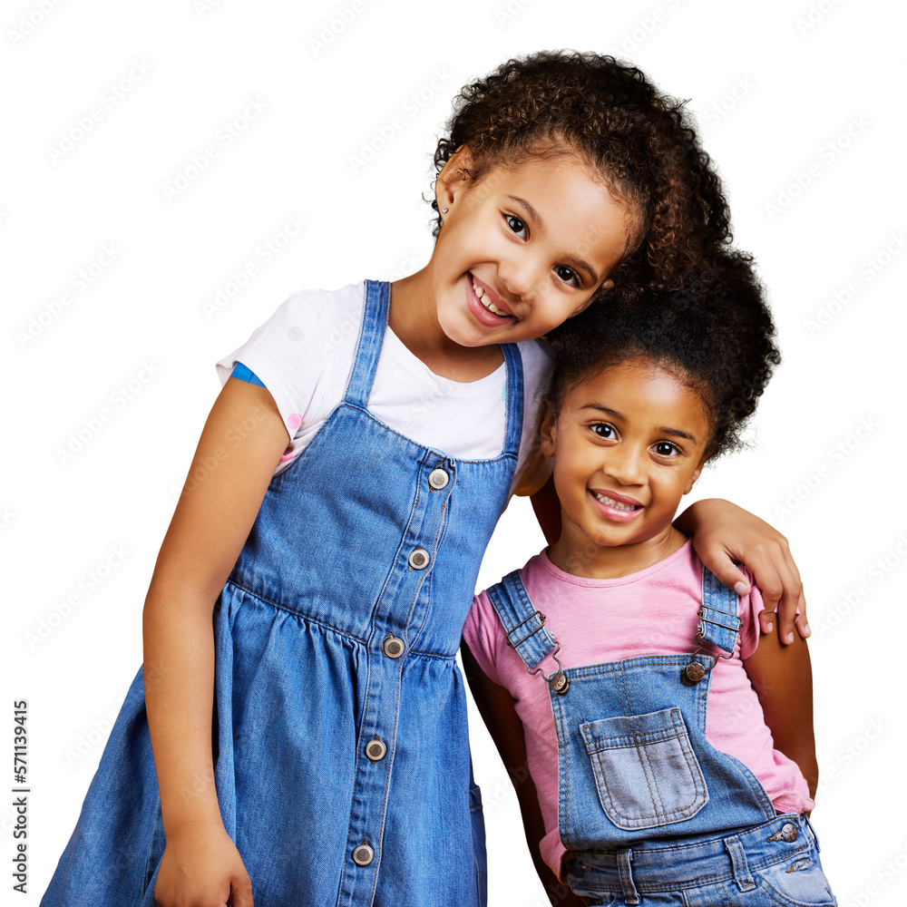 A happy mixed race girl sisters or a carefree kids standing together and posing togeter isolated on 