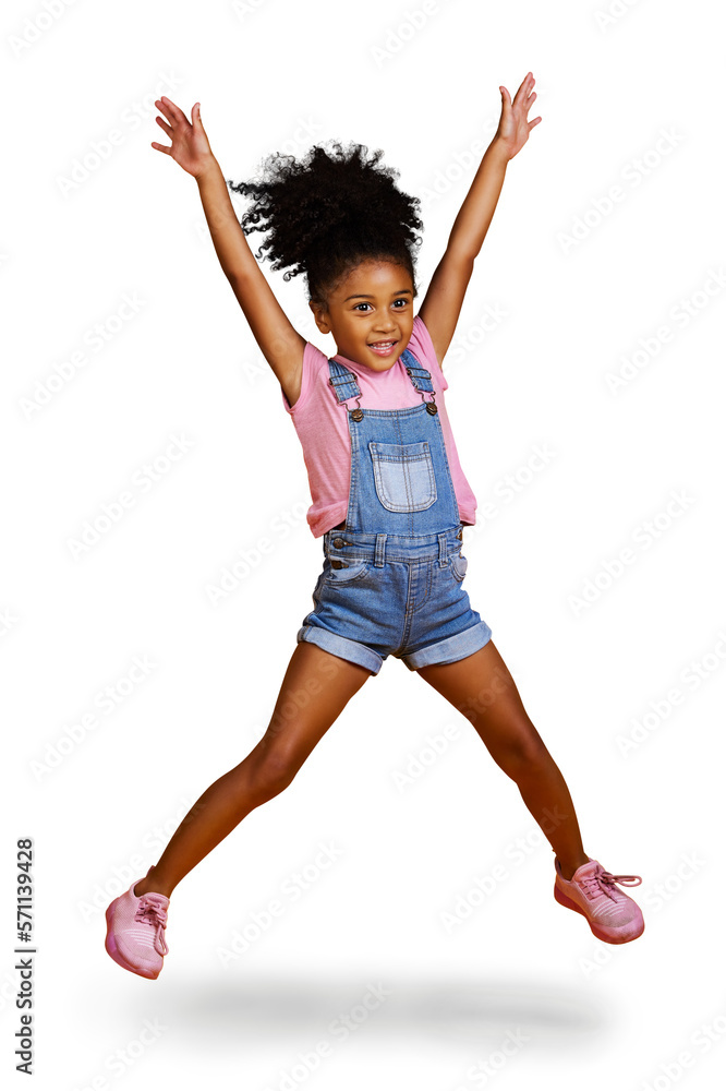 A super active mixed race girl with her hands raised upwards isolated on a png background.