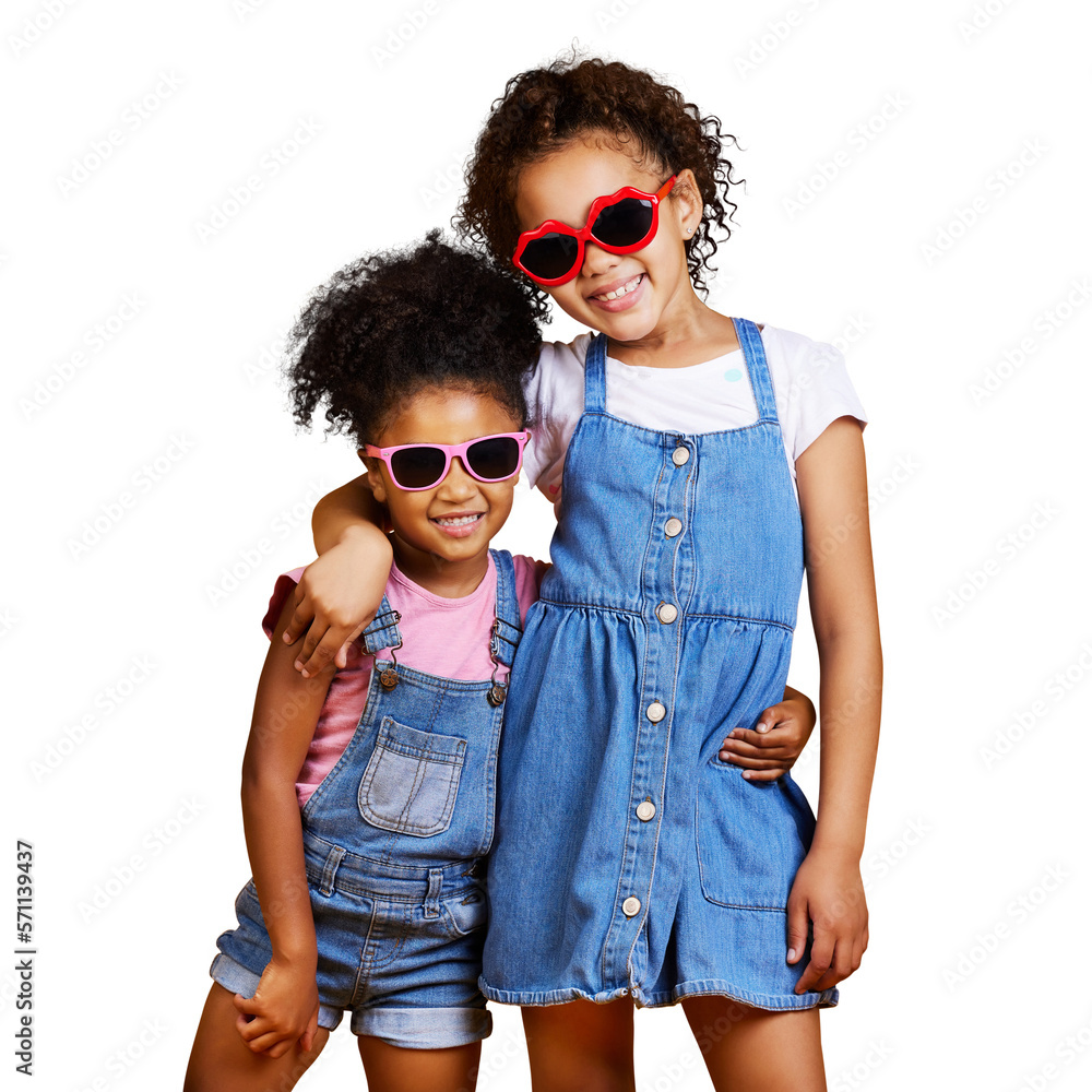 A portrait two mixed race girl sisters wearing funky sunglasses. Happy and carefree kids imagining b