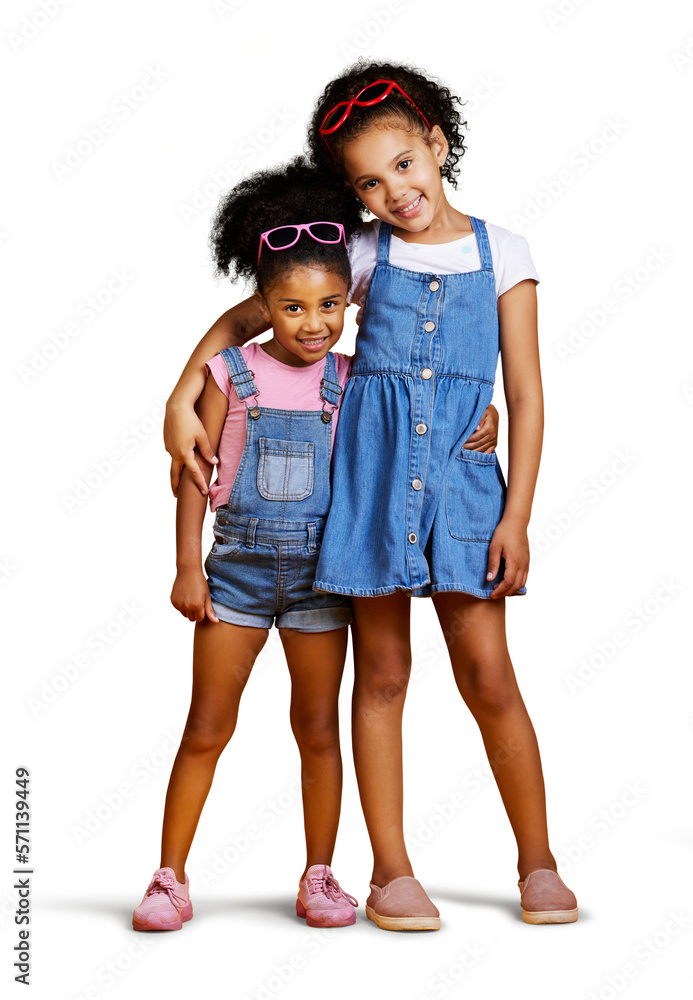 A portrait two mixed race girl sisters wearing funky sunglasses imagining being fashion models isola