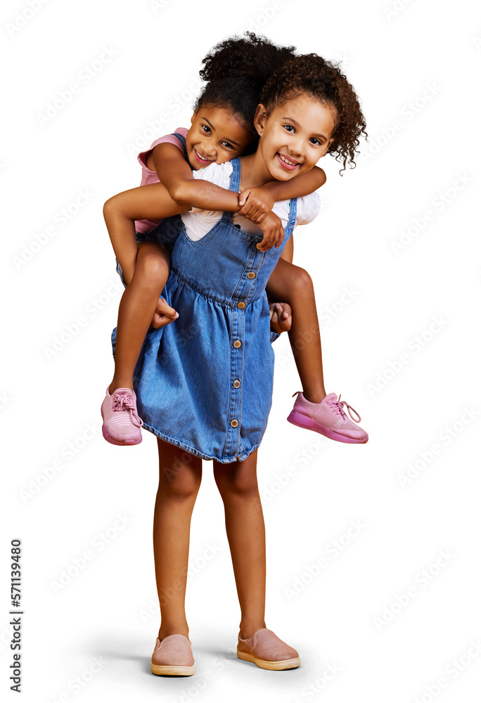 A mixed race girl piggybacking her sister, sibling or friend. A Happy and carefree kids playing toge