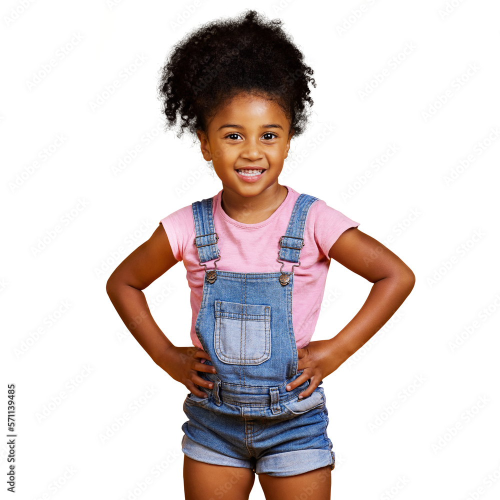 Studio portrait mixed race girl looking standing with her hands on her hips  Cute hispanic child pos