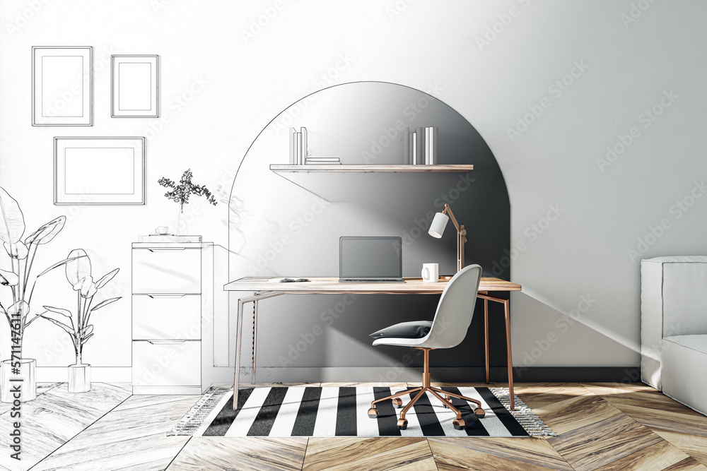 Sketch of modern home office interior. Design concept. 3D Rendering.