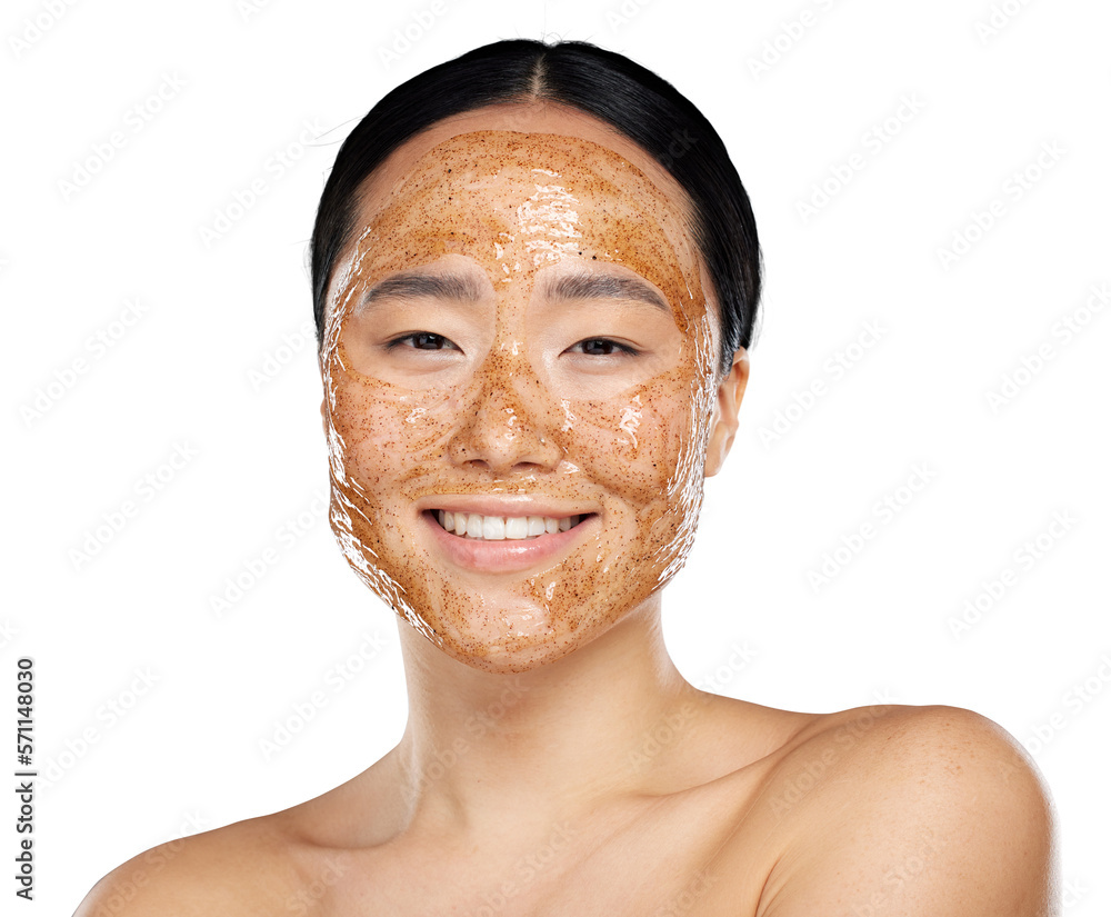 A smiling japanese woman or a beauty model using a shiny face mask at a skincare spa with natural su