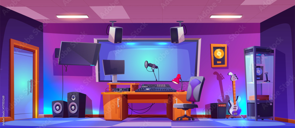 Music record studio interior with professional equipment for game scene background. Sound production