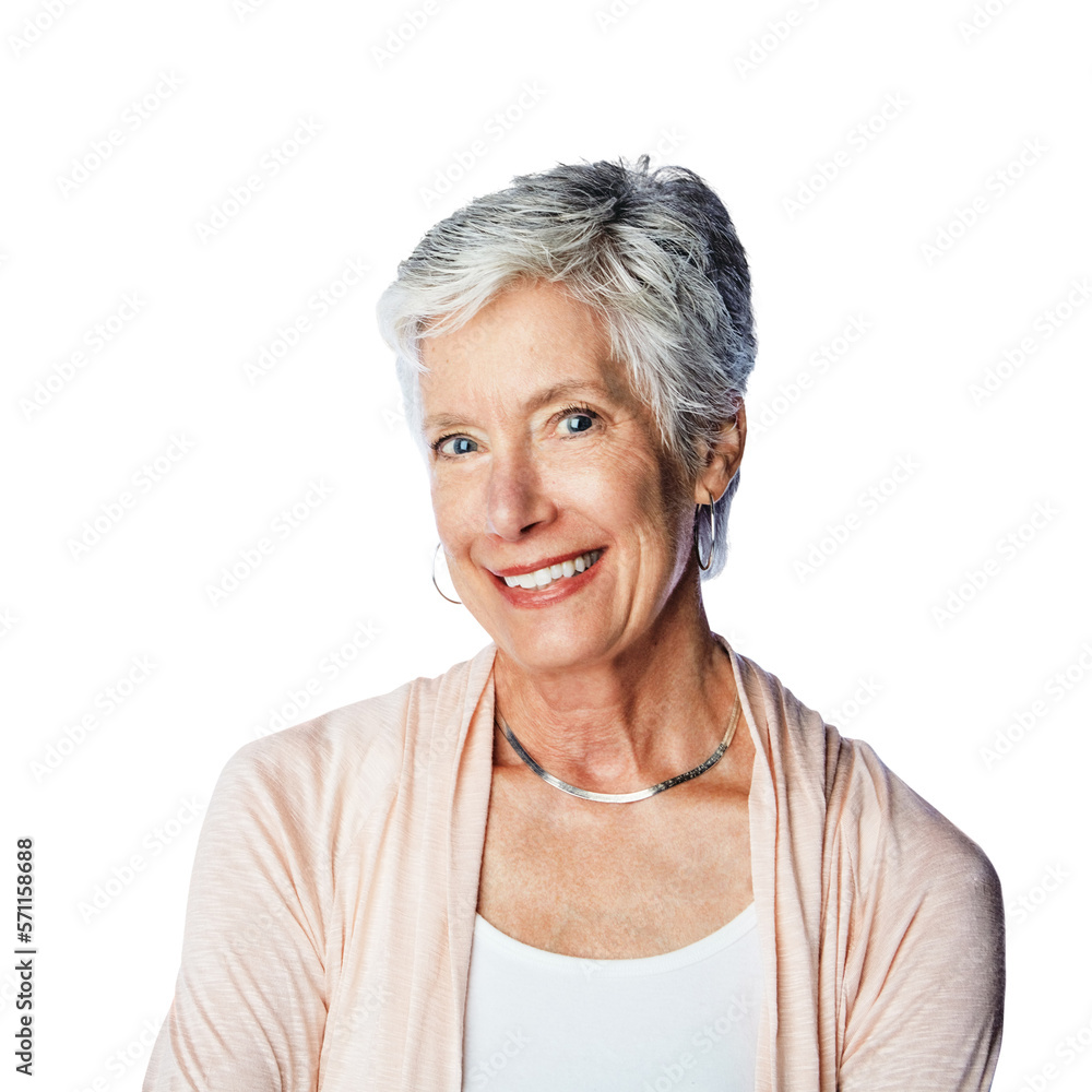 A happy senior woman in her 60s posing with an elegant smile looking at the camera isolated on a png