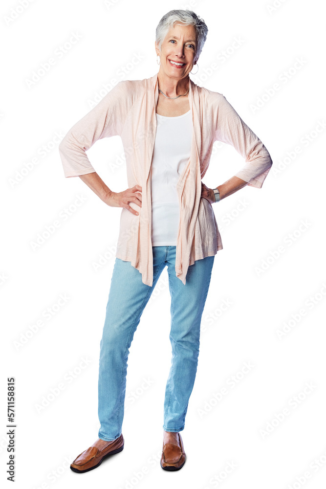 A happy mature woman in casual clothing posing with her hands on her hips isolated on a png backgrou