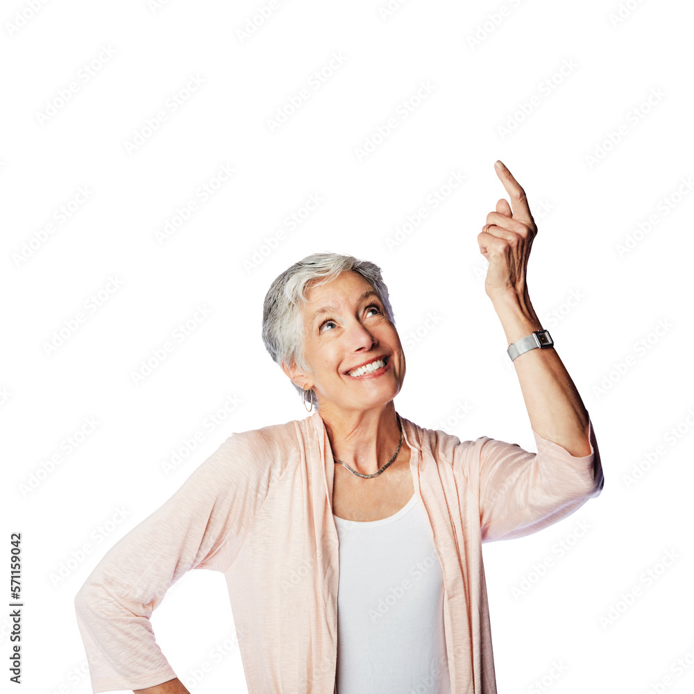 Beautiful, confident and happy senior lady standing, index fingers pointed upwards in positive motiv