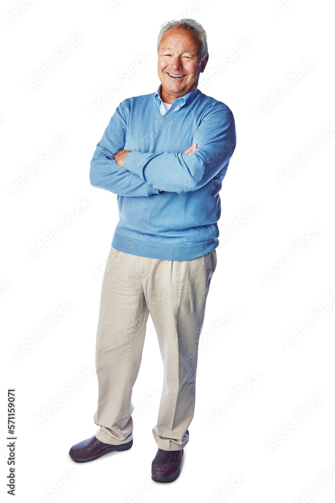 A mature senior man with a wrinkled face posing with hands crossed in a blue sweater isolated on a p