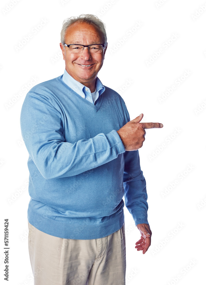 A cheerful senior citizen or a gentleman standing in a formal winter wear and pointing at the copy s