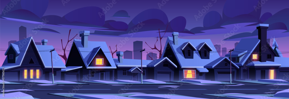 City neighborhood with street, houses and snow at night. Winter landscape of suburban district with 