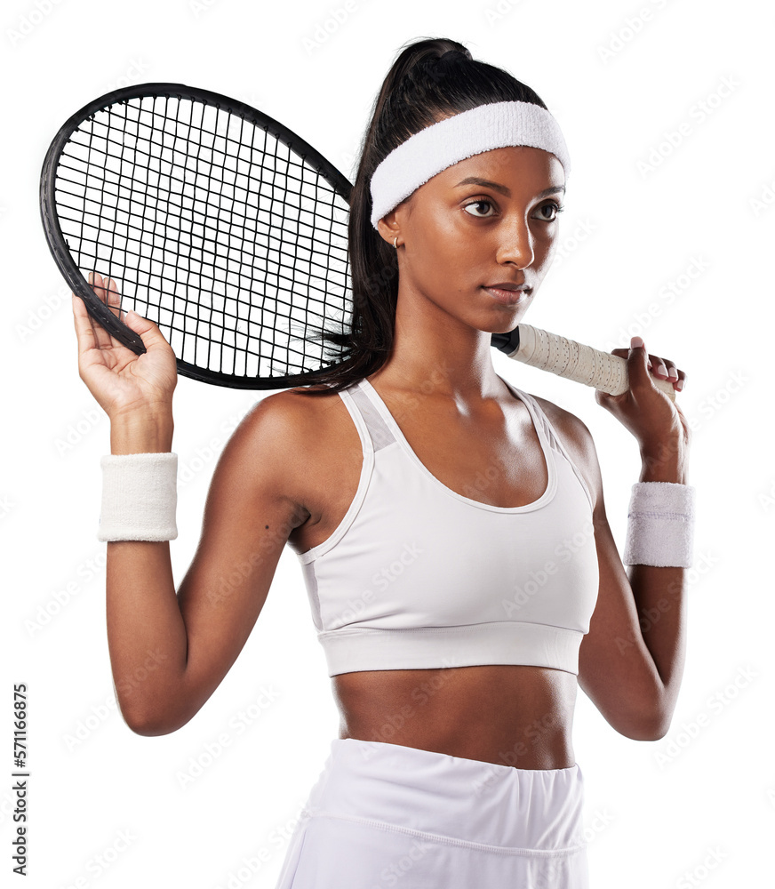 A female tennis player with a racket practicing to play a sports match. Fit, active and professional