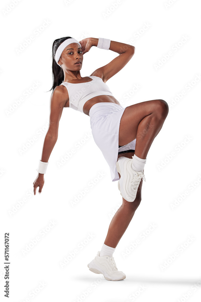 Fit, athletic and cute female tennis player or athlete woman with a cool attitude stretching. An act