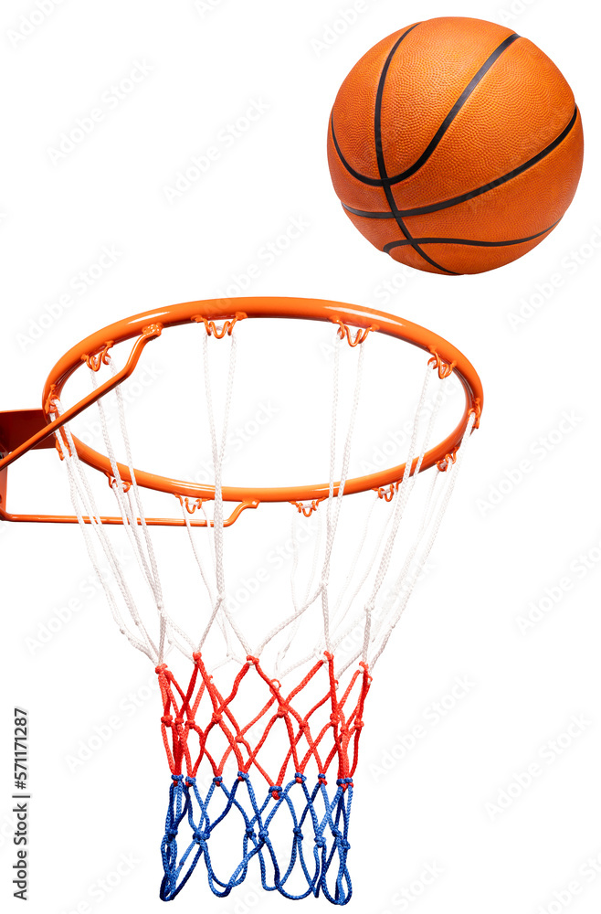 Basketball ball falling into the Basketball hoop isolated on white background, With clipping path