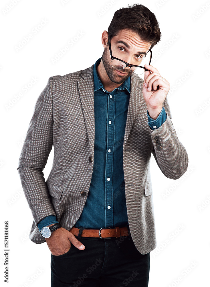 An attractive trendy entrepreneur in luxury business attire posing by putting his glasses and lookin