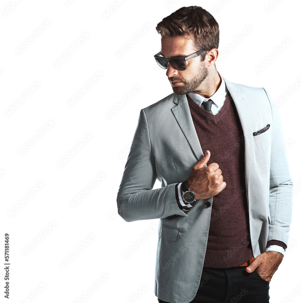 A handsome young business executive in a business suit posing by holding his trendy suit isolated on