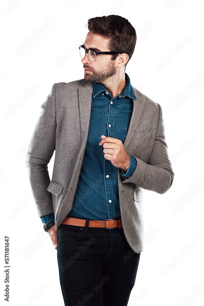 An professional male model in business denims and glasses looking back with his hand in his back poc