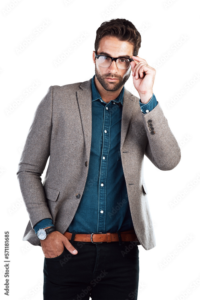 A handsome young Caucasian male model posing with his hand in pocket and removing his glasses by loo