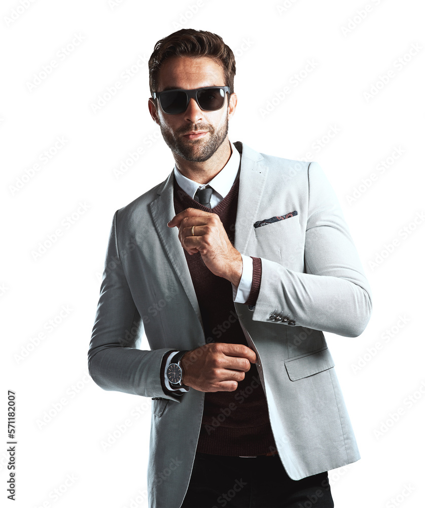 Handsome, confident and young male in luxury or designer outfit and trendy shades posing with an att