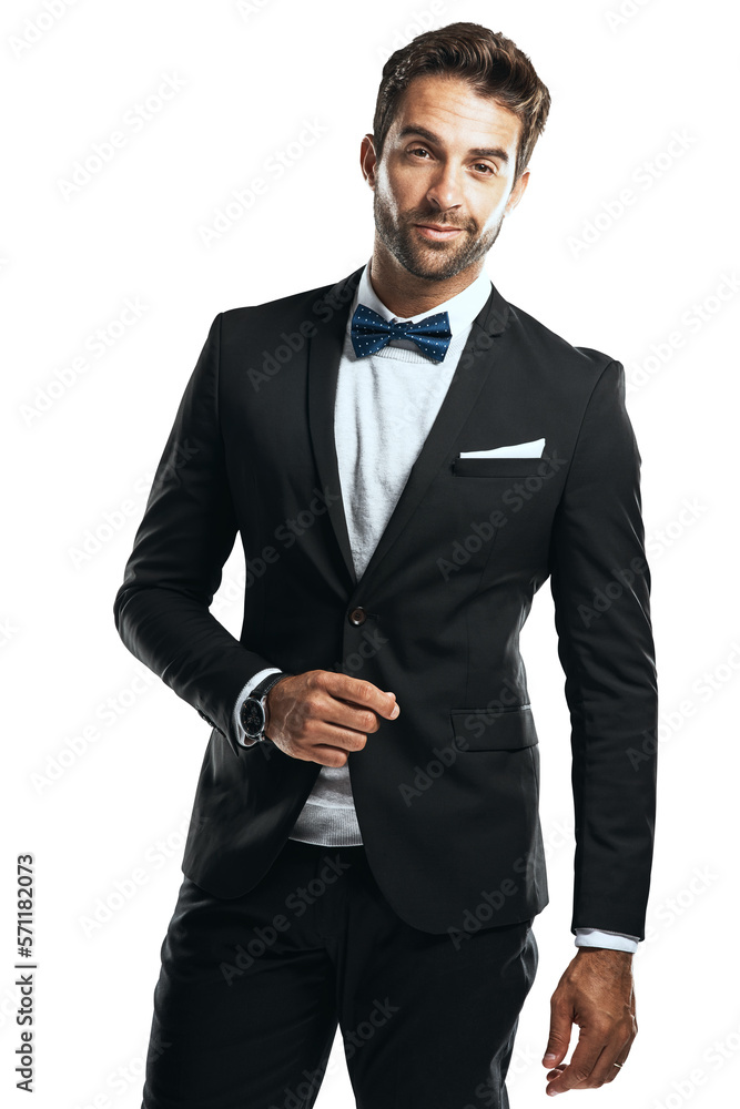 A handsome fashion male model with trimmed beard and wearing a fine attitude and a luxury tuxedo sta