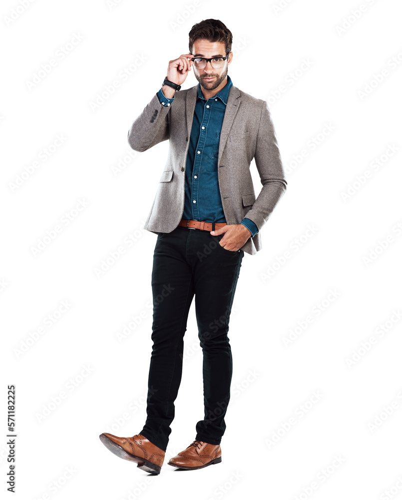 A handsome young man in business attire holding his glasses and posing with his hands in his pocket 