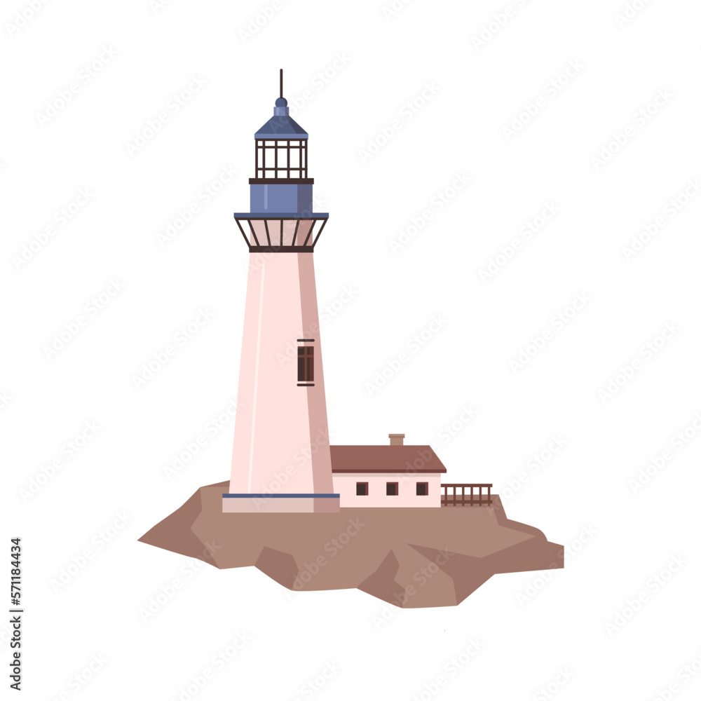 Beacon by seaside or shore, isolated lighthouse construction. Tall tower with light signal for ships